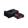 Svart batteriladdare och ett 18V batteripaket med röd etikett "EXPERT".