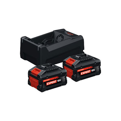Batteriladdare med två svarta och röda 18V Expert-batterier.
