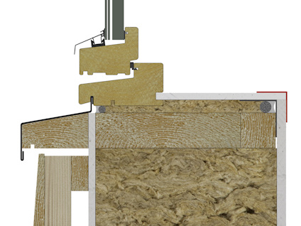 Tvärsnitt av väggkonstruktion med isoleringsmaterial, träpanel och metallbeslag.