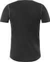 Svart t-shirt sedd bakifrån med korta ärmar och ljusa sömmar.