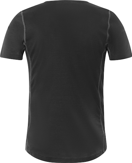 Svart t-shirt sedd bakifrån med korta ärmar och ljusa sömmar.