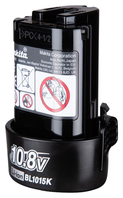 Svart Makita Li-ion batteri med etikett, märkt "10.8V BL1015K".
