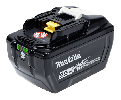 Svart Makita 18V 9.0Ah litiumjonbatteri med vit logotyp och batteriindikator.