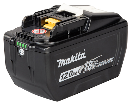 Svart Makita 18V litiumjonbatteri, 12,0Ah, med vit och gul kontakt och grön batterinivåindikator.