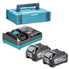 Blå förvaringslåda, batteriladdare och två svarta batterier med Makita-logotyp.