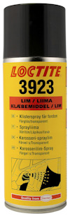 Sprayburk med etiketten "Loctite 3923". Text på flera språk beskriver användning för klisterspray och karosserilim.