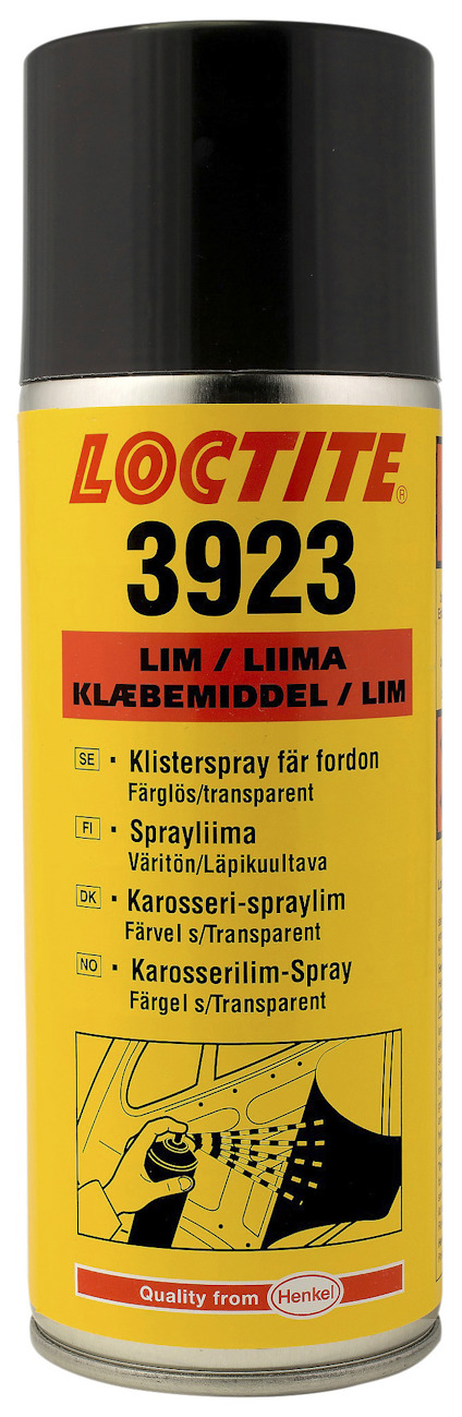 Sprayburk med etiketten "Loctite 3923". Text på flera språk beskriver användning för klisterspray och karosserilim.