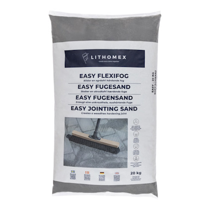 Påse med Lithomex Easy Jointing Sand, 20 kg, med illustration av borste och text på flera språk.