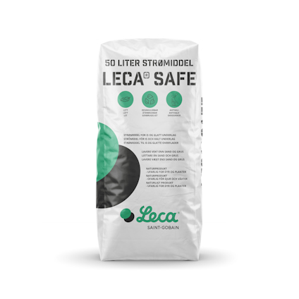 Paket med text: "50 liter strömedel LECA® SAFE", varumärke "Leca Saint-Gobain".