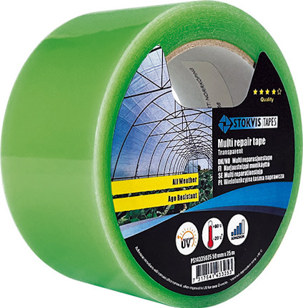 Grön rulle med reparations- och skarvtejp för kraftig polyetenfilm, märkt med fler språk och Stokvis Tapes-logotyp.