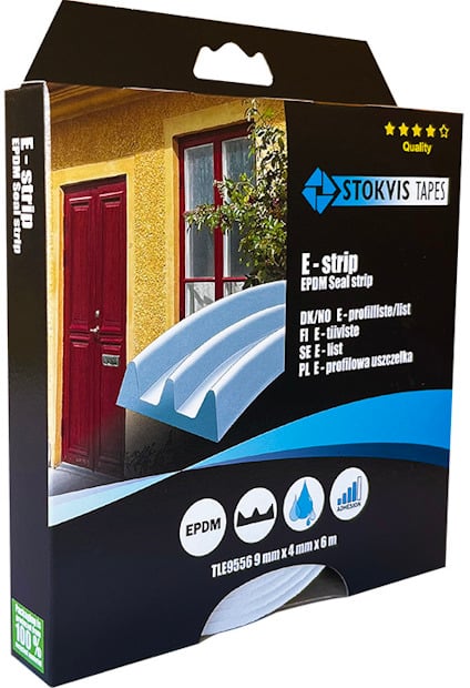 Förpackning med E-list i EPDM-gummi, bilder på fönster, båt och husvagn, logotyp för Stokvis Tapes. Text på flera språk.