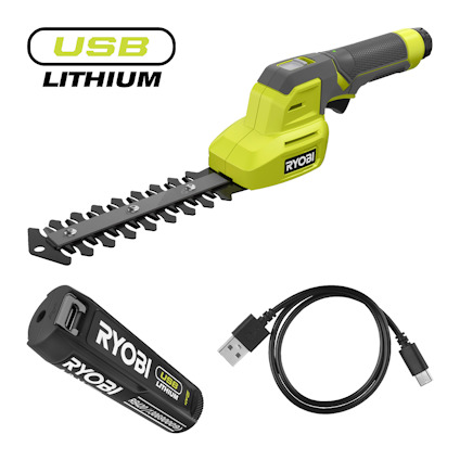 Grön och svart elektrisk häcksax med USB-batteri och laddkabel, märkta med "RYOBI USB Lithium".