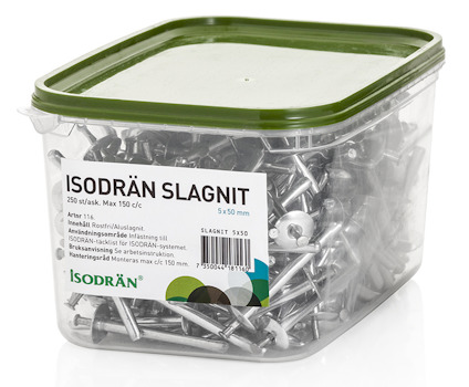 Behållare med metallspikar och genomskinligt lock, märkt "ISODRÄN SLAGNIT".