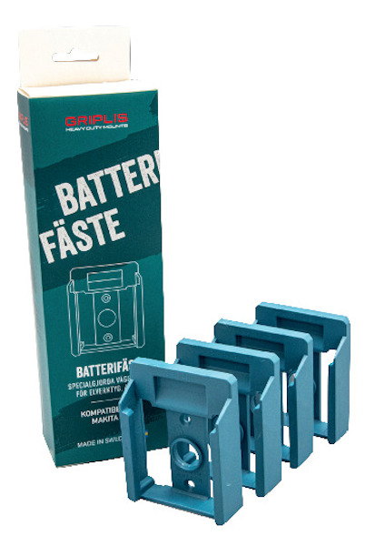 Förpackning med texten "Batterifäste", fyra blå plastfästen visas bredvid.