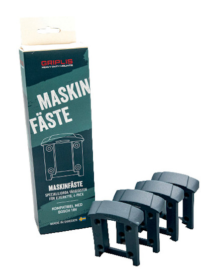 Förpackning med texten "GRIPLIS, MASKINFÄSTE" och tre svarta fästen framför.