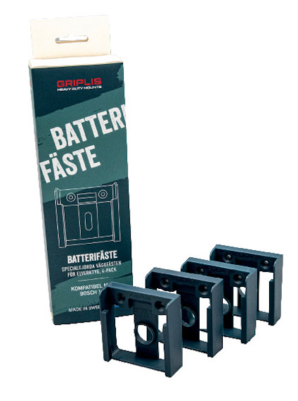 Förpackning och fyra svarta batterifästen av märket GRIPLIS för Bosch-verktyg. Text på kartongen.