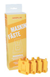 Förpackning och fyra orange maskinfästen från Griplis. Text på förpackningen: "Maskinfäste."