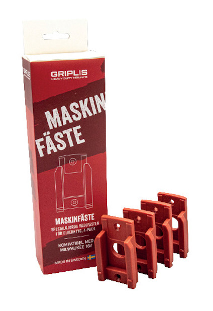 Röd förpackning för Griplis maskinfäste bredvid tre fästen på vit bakgrund.