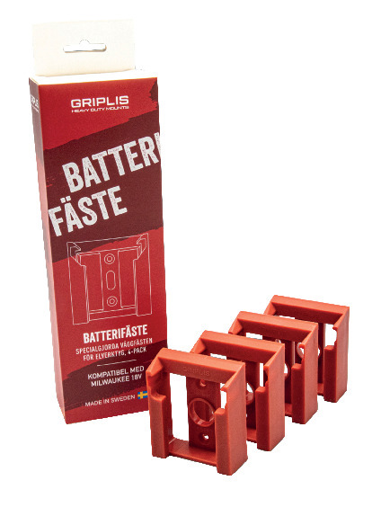 Röda, fyrkantiga batterifästen med texten "Batterifäste" på ett rödvitt paket.