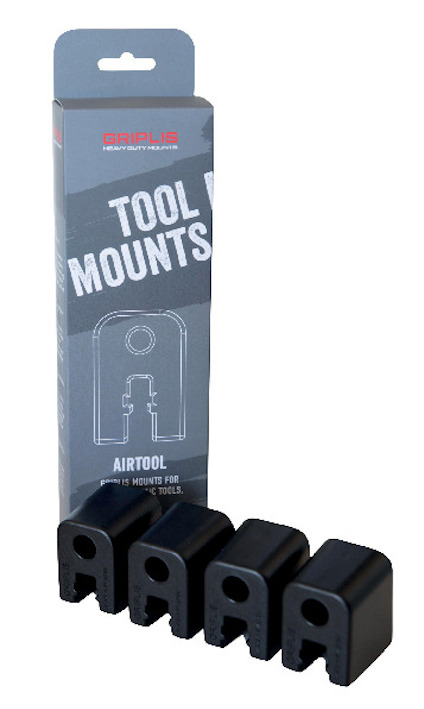 Förpackning och fyra svarta luftverktygsfästen. Text på förpackningen: "TOOL MOUNTS, AIRTOOL MOUNTS FOR TOOLS".