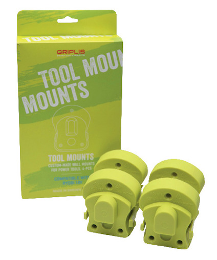 Gröna verktygsfästen och en förpackning med texten "GRIPLIS TOOL MOUNTS FOR POWER TOOLS".