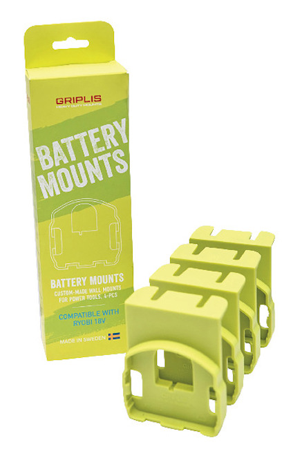 Gula batterifästen och en förpackning med texten "Griplis Battery Mounts, Compatible with Ryobi 18V, Made in Sweden".