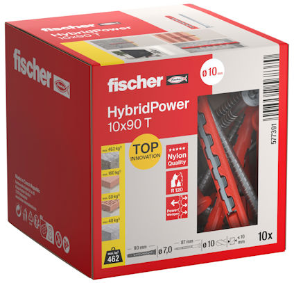 Förpackning av "fischer HybridPower 10x90 T" med nylonplugg och skruv.