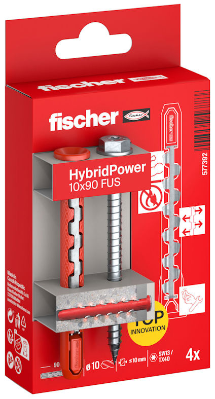 Förpackning med fischer HybridPower 10x90 FUS, 4 skruvar.