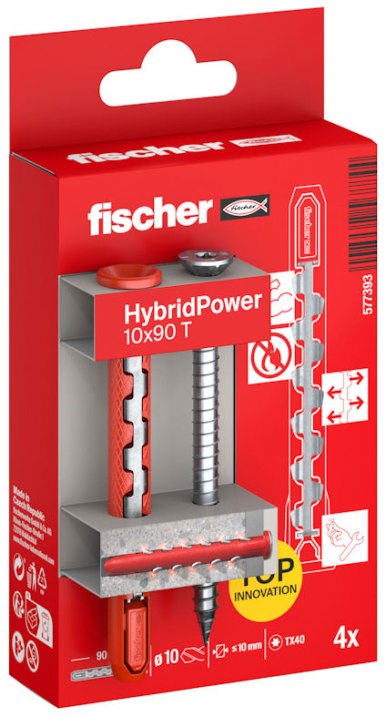 Förpackning med Fischer HybridPower 10x90 T skruvinfästningar, 4 st.