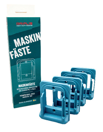 Förpackning och fyra blå maskinfästen av metall. Text på förpackningen: "MASKINFÄSTE MADE IN SWEDEN".