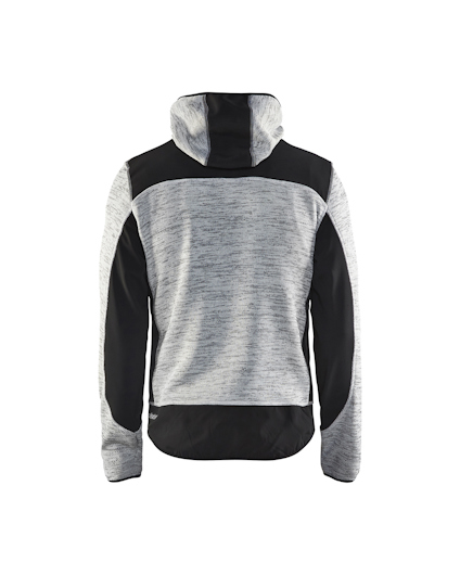 Grå och svart huvtröja sedd bakifrån, med svarta paneler på ärmar och axlar.