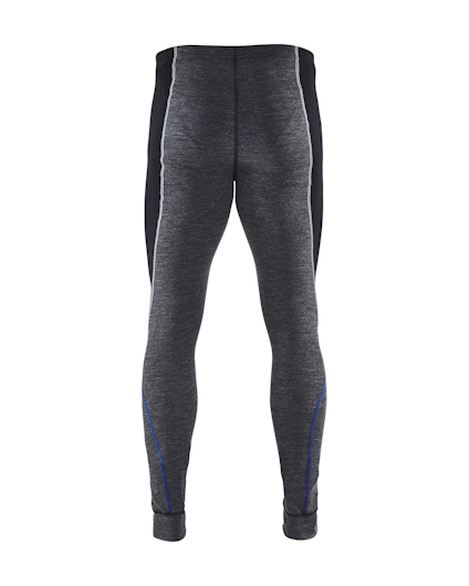 Grå och svarta sportleggings, visade bakifrån, med blå detaljer vid vaden.
