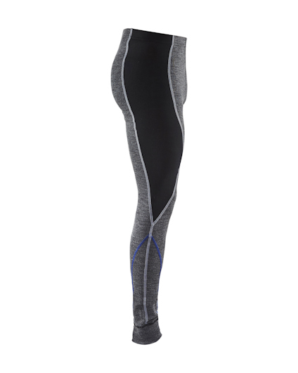 Gråa och svarta sportleggings med blå stickningar längs benen, sedda från sidan.