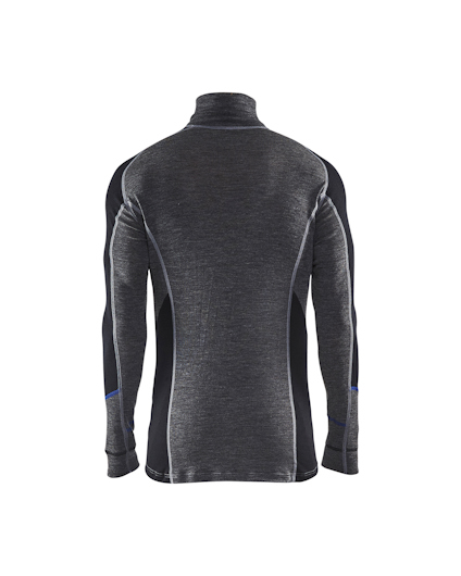 Grå långärmad tröja med hög krage och svarta sidopaneler, sedd bakifrån.