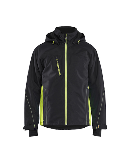 Lättfodrad svart jacka med ljusgula inslag och dragkedjor, samt text på bröstfickan.