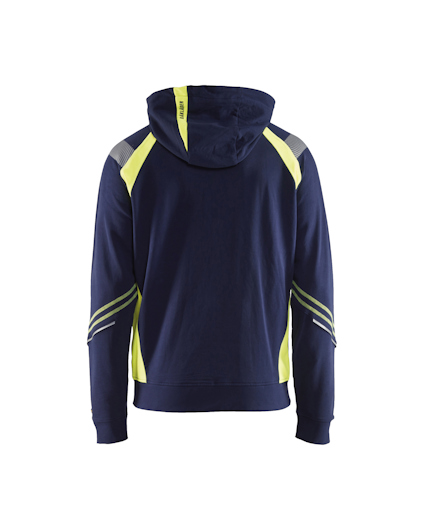 Mörkblå hoodie med gula och grå detaljer på ryggen, luvans insida och ärmarna.