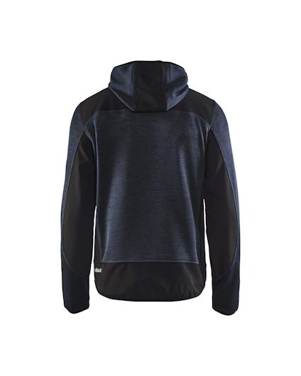 Marin och svart jacka med huva, sedd bakifrån.