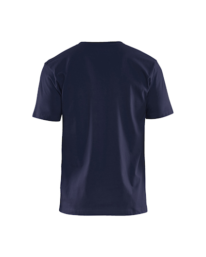 Mörkblå t-shirt sedd bakifrån mot vit bakgrund.