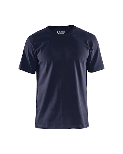 Marinblå t-shirt med korta ärmar mot en vit bakgrund.