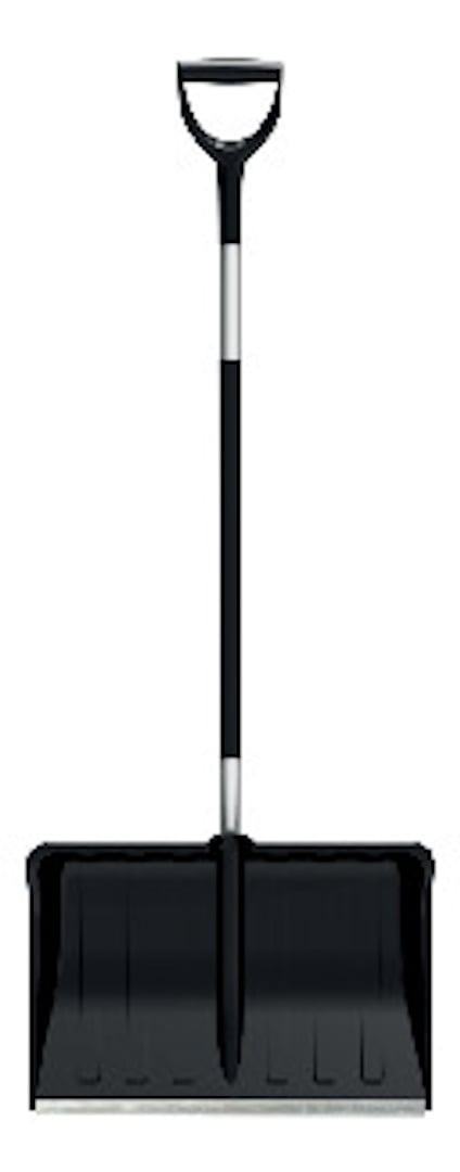 Snöskyffel med svart plastblad och metallhandtag, stående upprätt.
