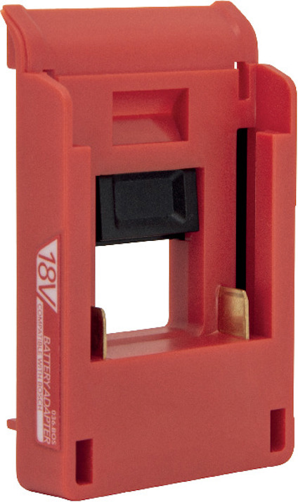 Röd plastadapter för 18V batteri, med svart kontakt och metallklämmor.