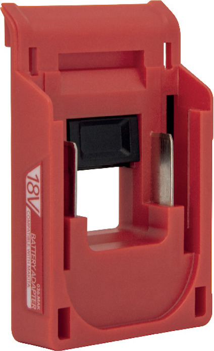 Röd plastadapter för 18V batterier med svart och silverfärgade markeringar.