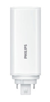 Vit rektangulär LED-lampa med texten "PHILIPS" i grått och två metallstift längst ner.