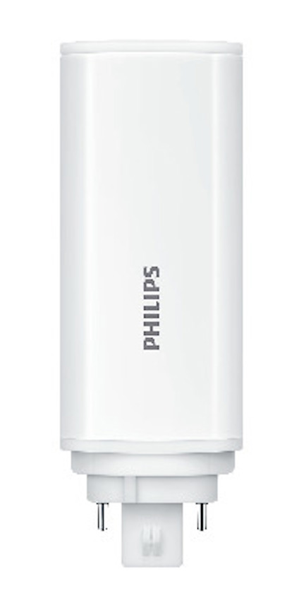 Vit rektangulär LED-lampa med texten "PHILIPS" i grått och två metallstift längst ner.
