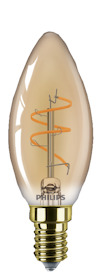 Elektrisk glödlampa med klar glaskolv och dekorativ spiralformad glödtråd, märkt "Philips".