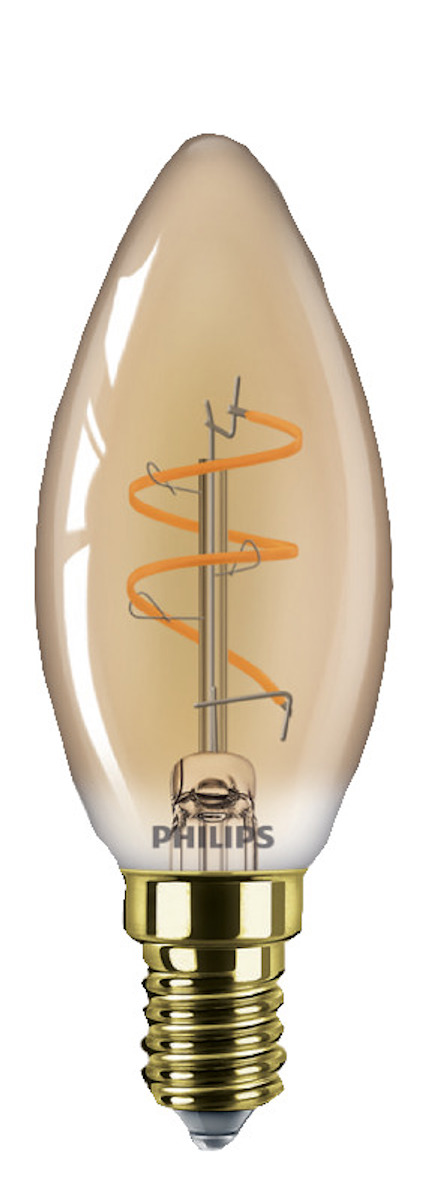 Elektrisk glödlampa med klar glaskolv och dekorativ spiralformad glödtråd, märkt "Philips".