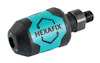 Cylinderformad verktygsdel med texten "HEXAFIX", blå och svart färg.
