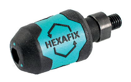 Cylinderformad verktygsdel med texten "HEXAFIX", blå och svart färg.