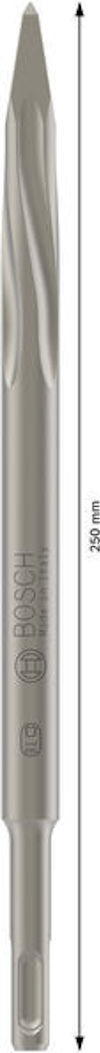 En spetsig metallmejsel från Bosch med mått på 250 mm.
