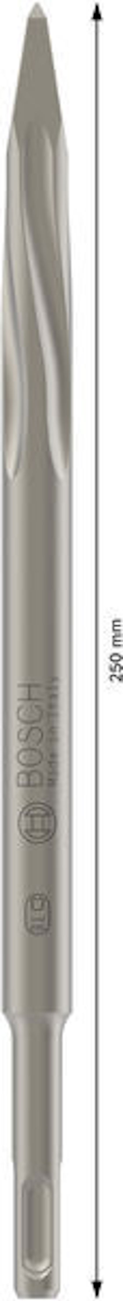 En spetsig metallmejsel från Bosch med mått på 250 mm.